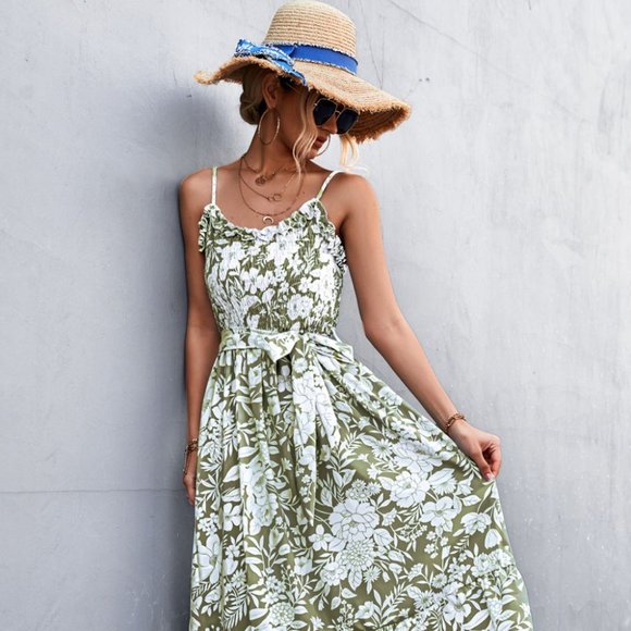 Floral Frill Trim Scoop Neck Spaghetti Strap Dress - Picture 2 of 7